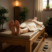 Ricevente di riflessologia supino sul lettino